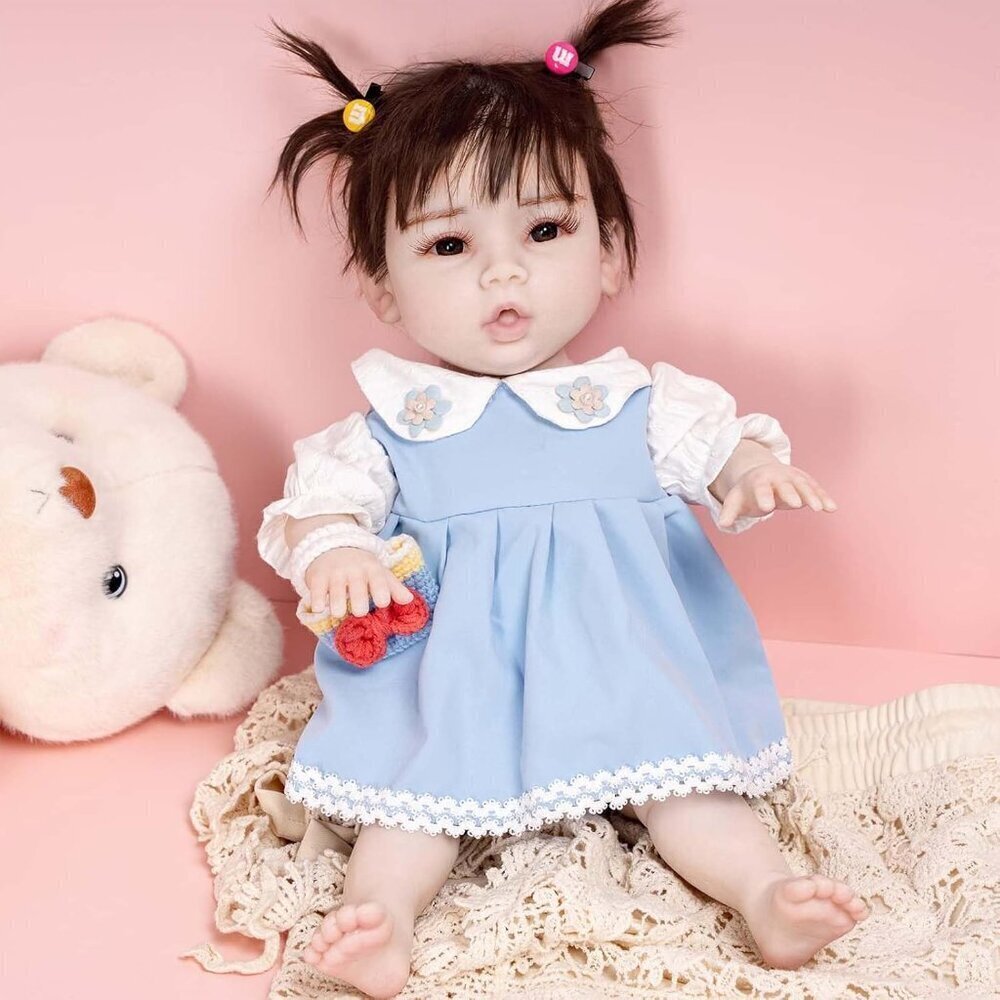🆕18.5Inch Full Silicone Body Soft Newborn Girl-with Skeleton-Brown Hair Baby